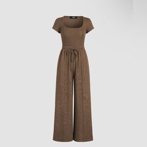 Cider Brown U-Neck Bodysuit & Elastic Waist Wide Leg Pant Set